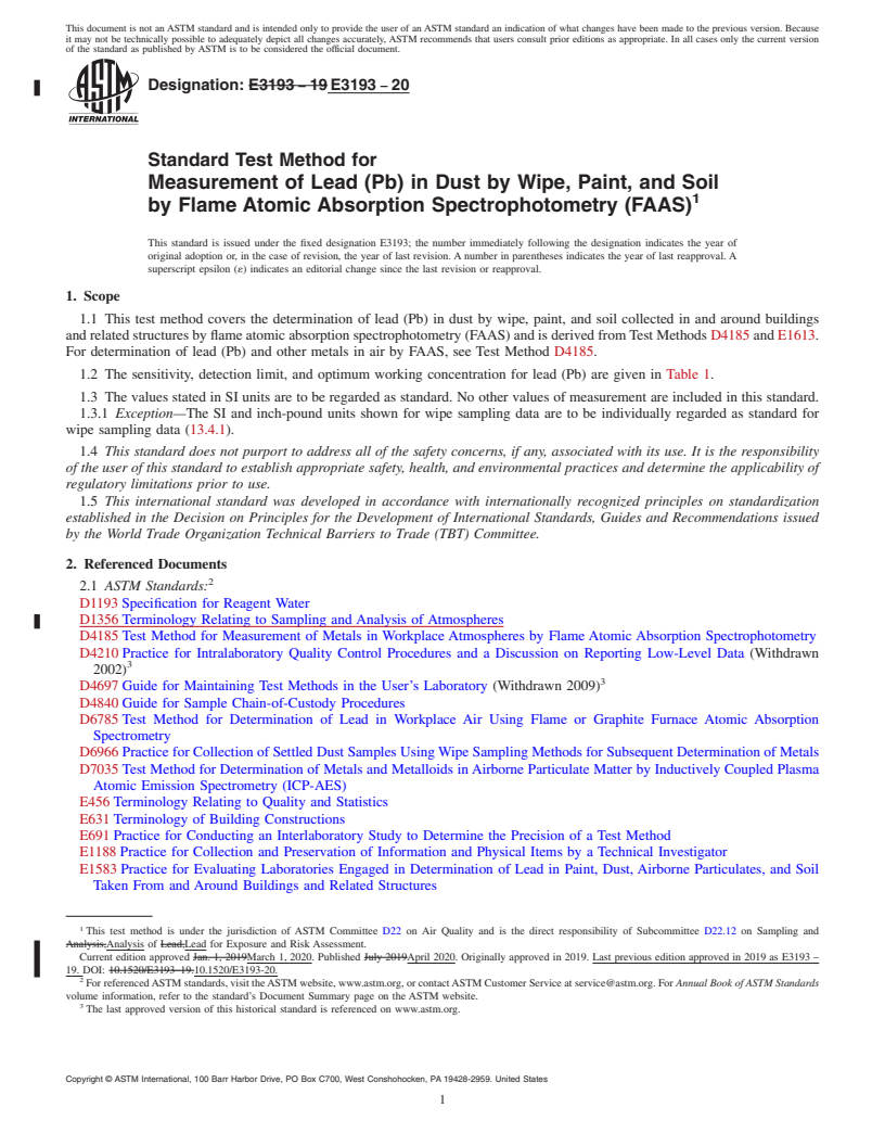 REDLINE ASTM E3193-20 - Standard Test Method for Measurement of Lead (Pb) in Dust by Wipe, Paint, and Soil by  Flame Atomic Absorption Spectrophotometry (FAAS)