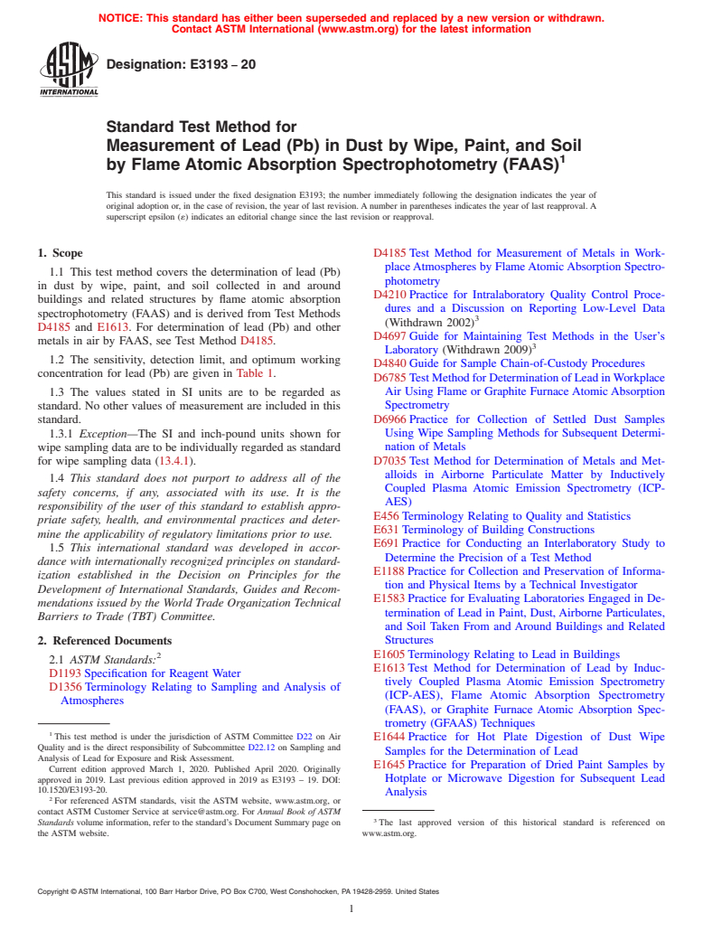 ASTM E3193-20 - Standard Test Method for Measurement of Lead (Pb) in Dust by Wipe, Paint, and Soil by  Flame Atomic Absorption Spectrophotometry (FAAS)