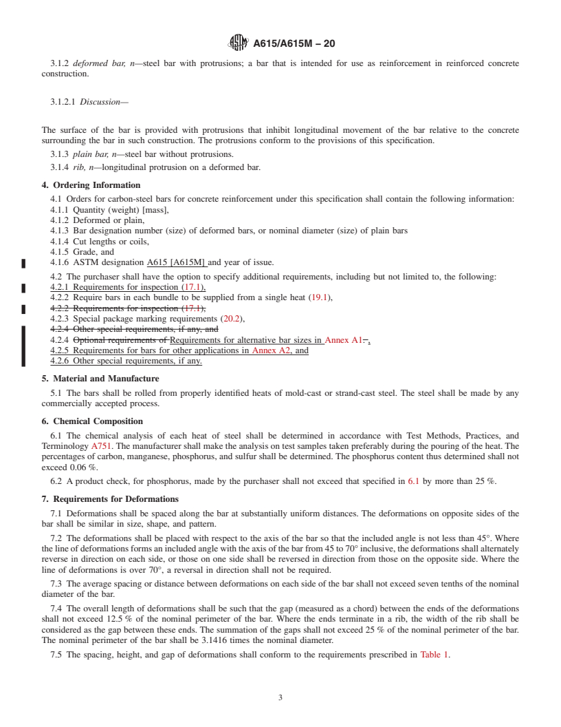 REDLINE ASTM A615/A615M-20 - Standard Specification for  Deformed and Plain Carbon-Steel Bars for Concrete Reinforcement