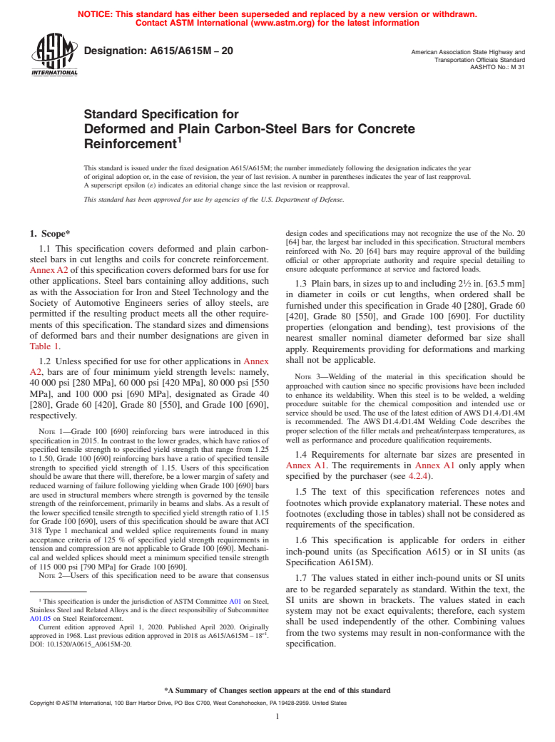 ASTM A615/A615M-20 - Standard Specification for  Deformed and Plain Carbon-Steel Bars for Concrete Reinforcement