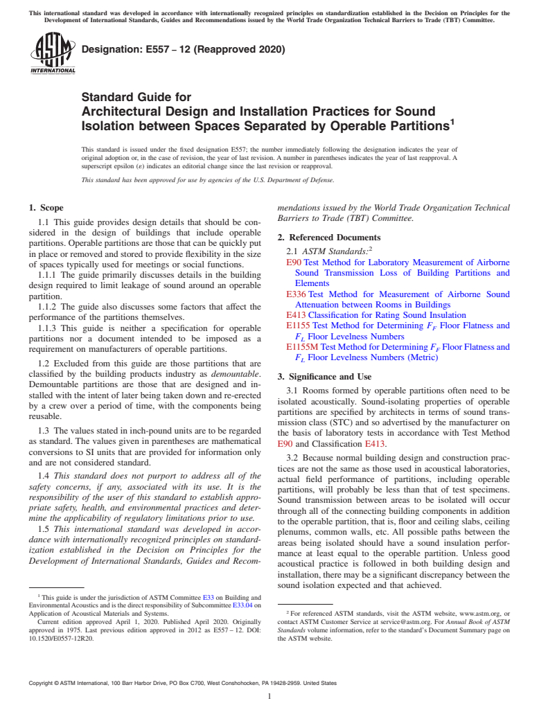 ASTM E557-12(2020) - Standard Guide for Architectural Design and Installation Practices for Sound Isolation  between Spaces Separated by Operable Partitions