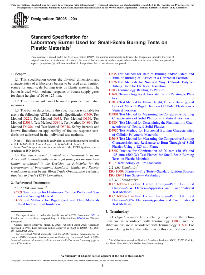 ASTM D5025-20a - Standard Specification for  Laboratory Burner Used for Small-Scale Burning Tests on Plastic  Materials
