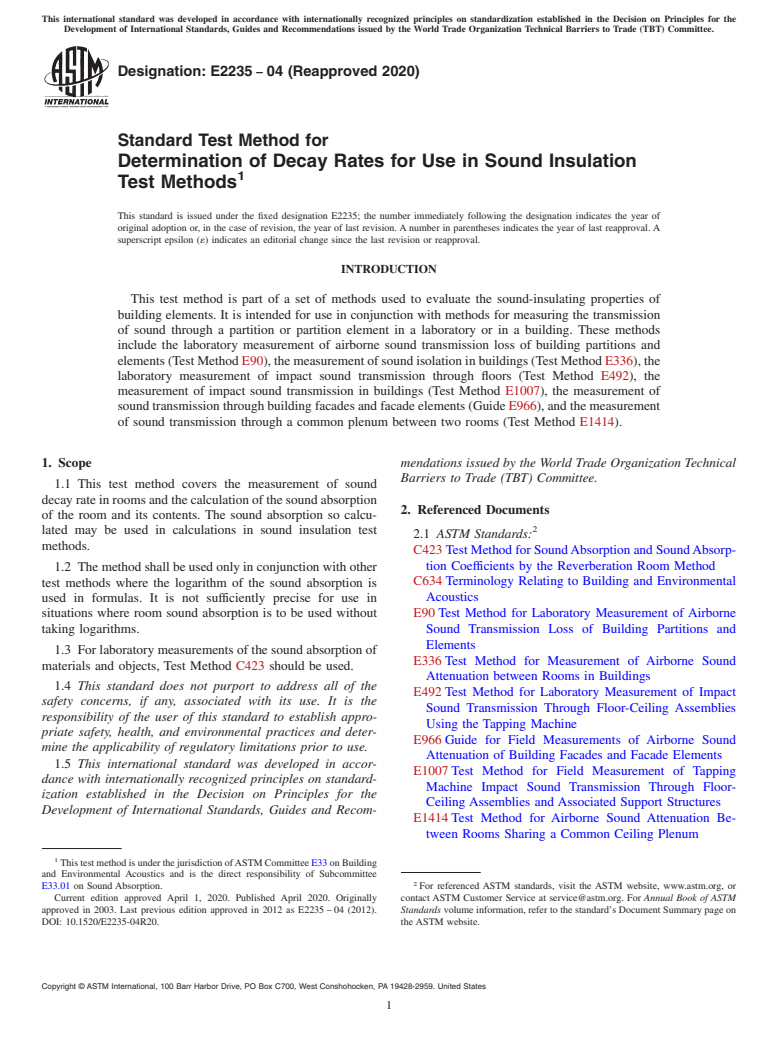 ASTM E2235-04(2020) - Standard Test Method for  Determination of Decay Rates for Use in Sound Insulation Test  Methods