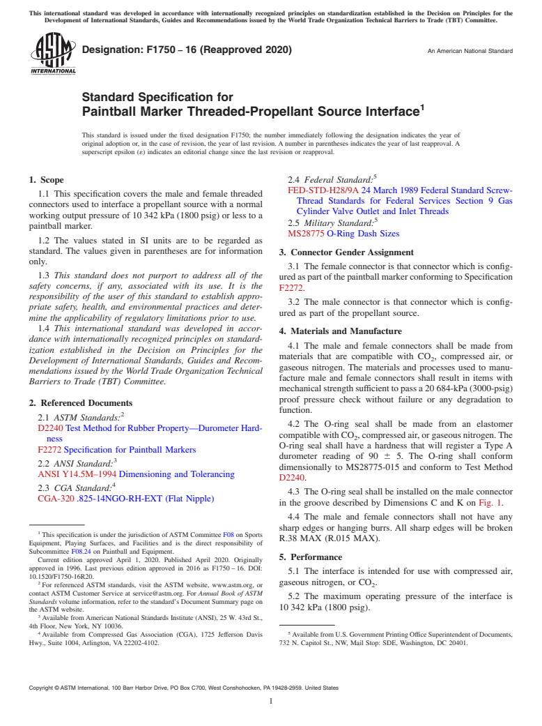 ASTM F1750-16(2020) - Standard Specification for  Paintball Marker Threaded-Propellant Source Interface