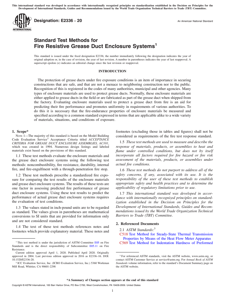 ASTM E2336-20 - Standard Test Methods  for  Fire Resistive Grease Duct Enclosure Systems