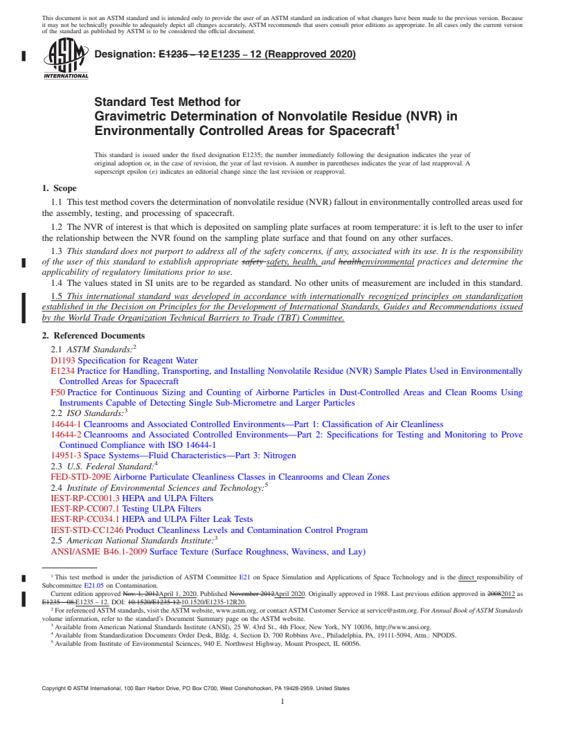 REDLINE ASTM E1235-12(2020) - Standard Test Method for Gravimetric Determination of Nonvolatile Residue (NVR) in Environmentally  Controlled Areas for Spacecraft