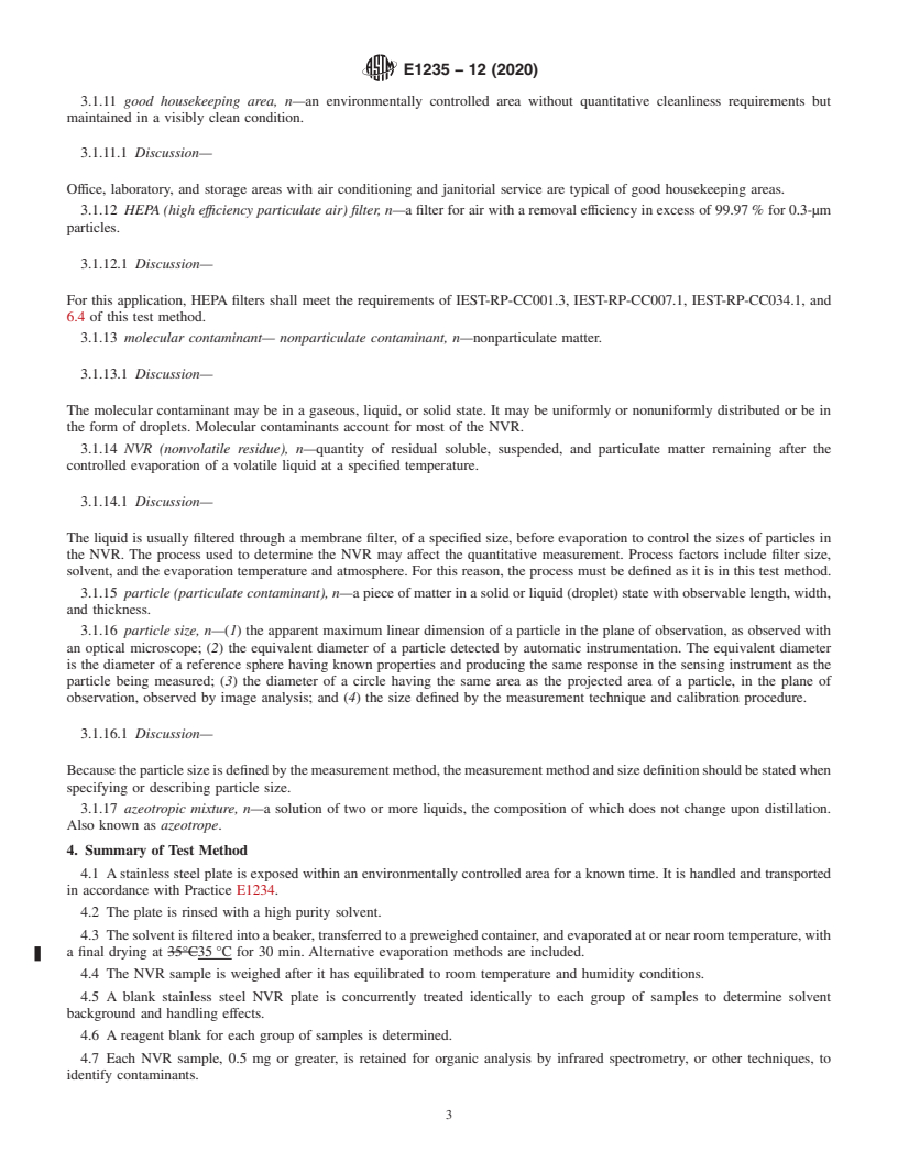 REDLINE ASTM E1235-12(2020) - Standard Test Method for Gravimetric Determination of Nonvolatile Residue (NVR) in Environmentally  Controlled Areas for Spacecraft