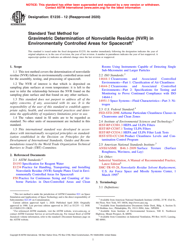 ASTM E1235-12(2020) - Standard Test Method for Gravimetric Determination of Nonvolatile Residue (NVR) in Environmentally  Controlled Areas for Spacecraft