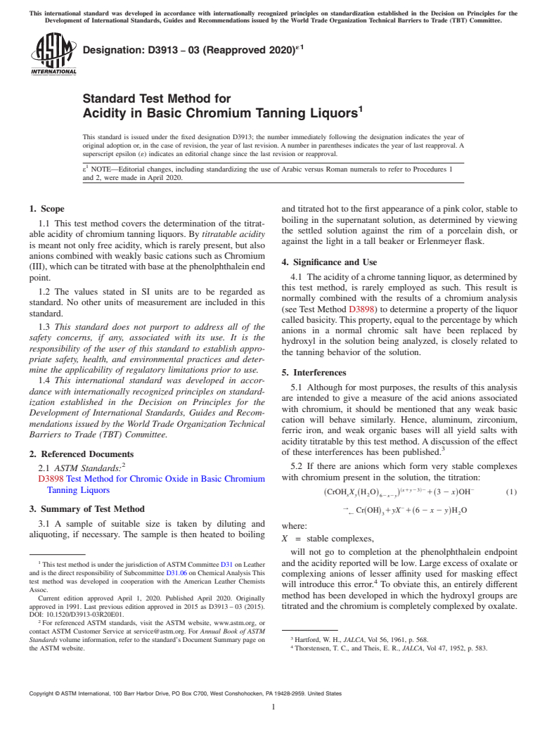 ASTM D3913-03(2020)e1 - Standard Test Method for  Acidity in Basic Chromium Tanning Liquors