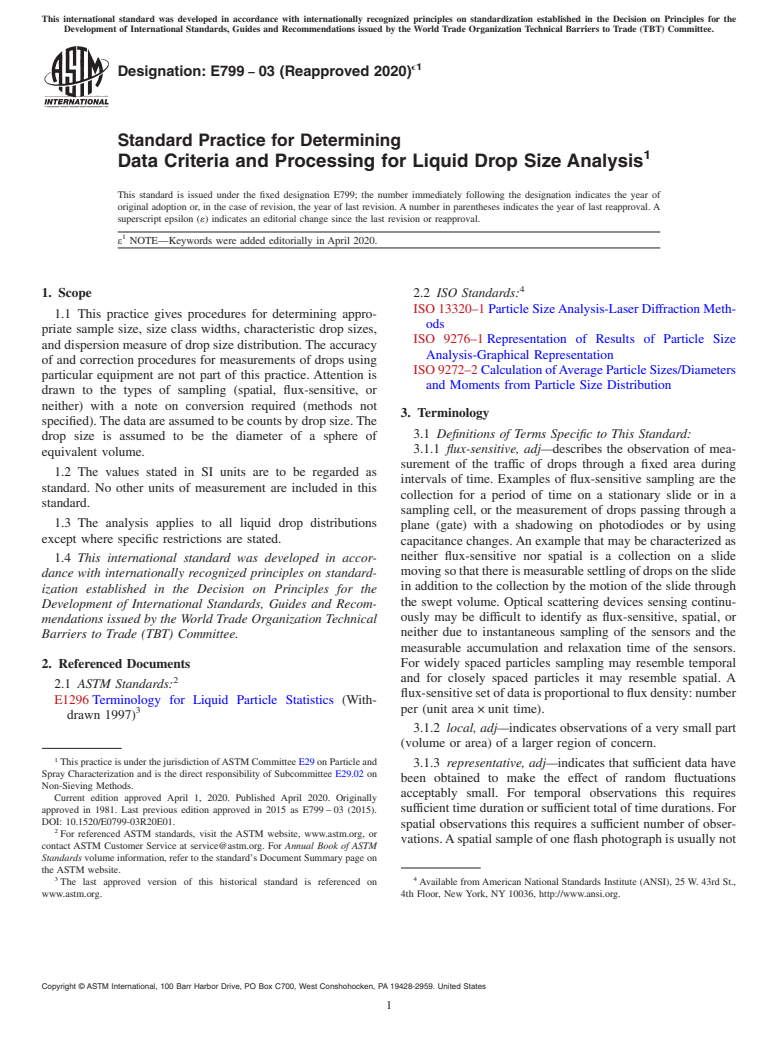 ASTM E799-03(2020)e1 - Standard Practice for Determining  Data Criteria and Processing for Liquid Drop Size Analysis