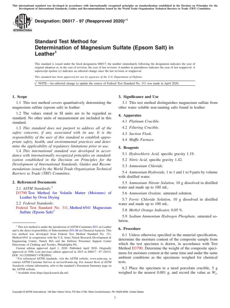 ASTM D6017-97(2020)e1 - Standard Test Method for  Determination of Magnesium Sulfate (Epsom Salt) in Leather