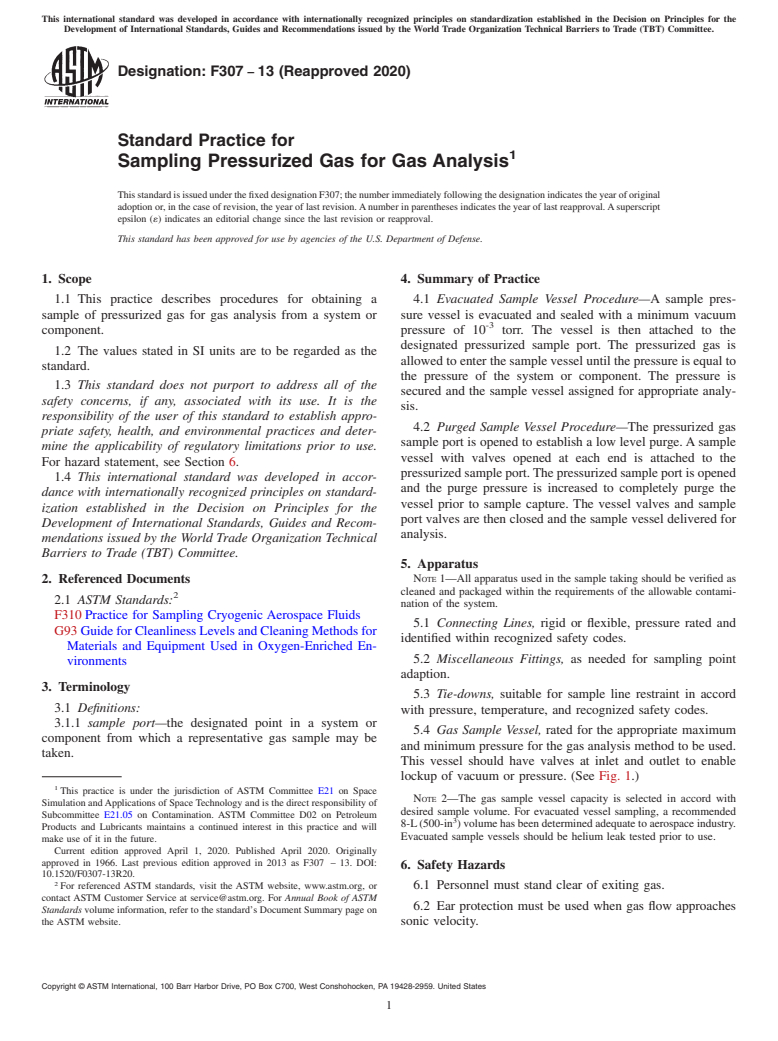 ASTM F307-13(2020) - Standard Practice for  Sampling Pressurized Gas for Gas Analysis