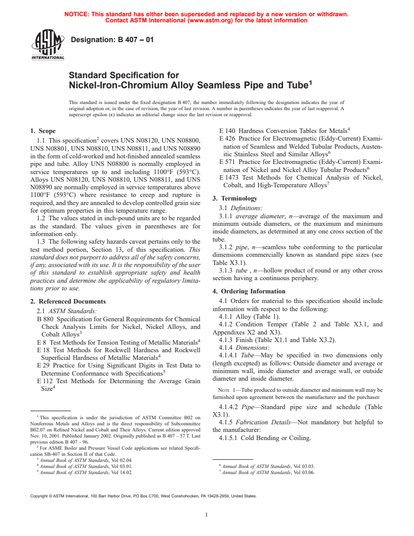ASTM B407-01 - Standard Specification for Nickel-Iron-Chromium Alloy Seamless Pipe and Tube