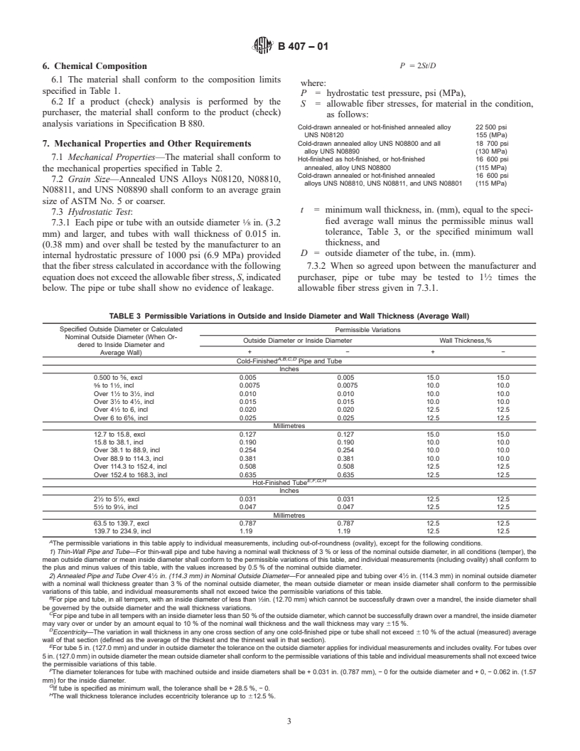 ASTM B407-01 - Standard Specification for Nickel-Iron-Chromium Alloy Seamless Pipe and Tube