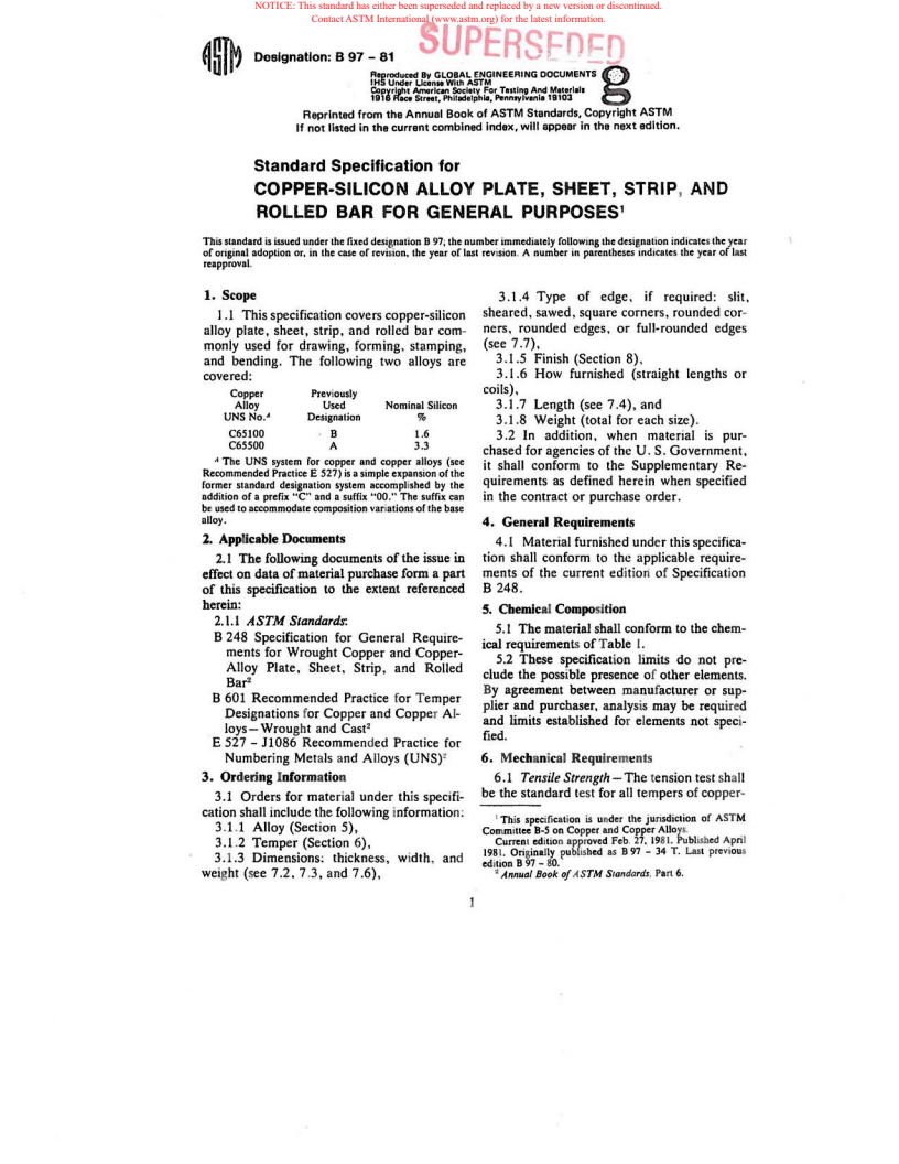 ASTM B97-81 - Specification for Copper-Silicon Alloy Plate, Sheet