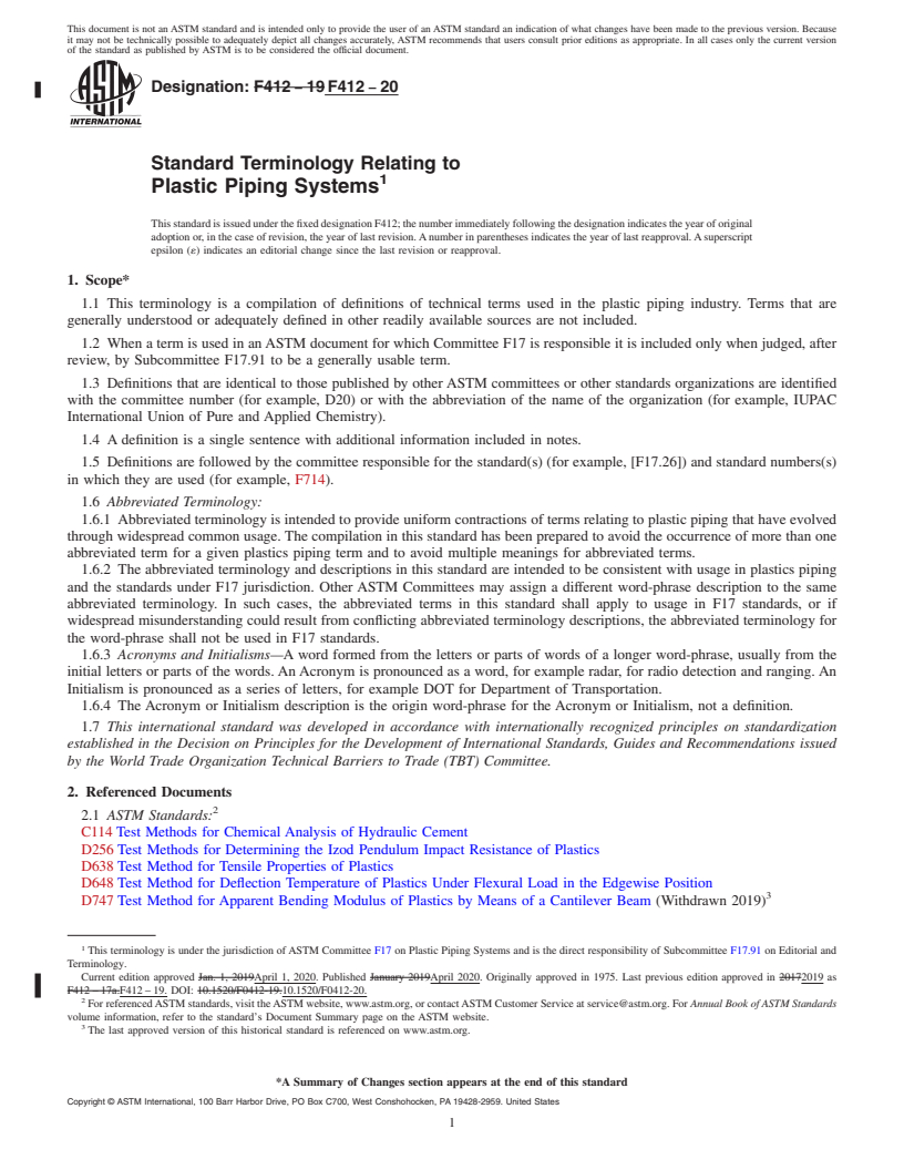 REDLINE ASTM F412-20 - Standard Terminology Relating to  Plastic Piping Systems