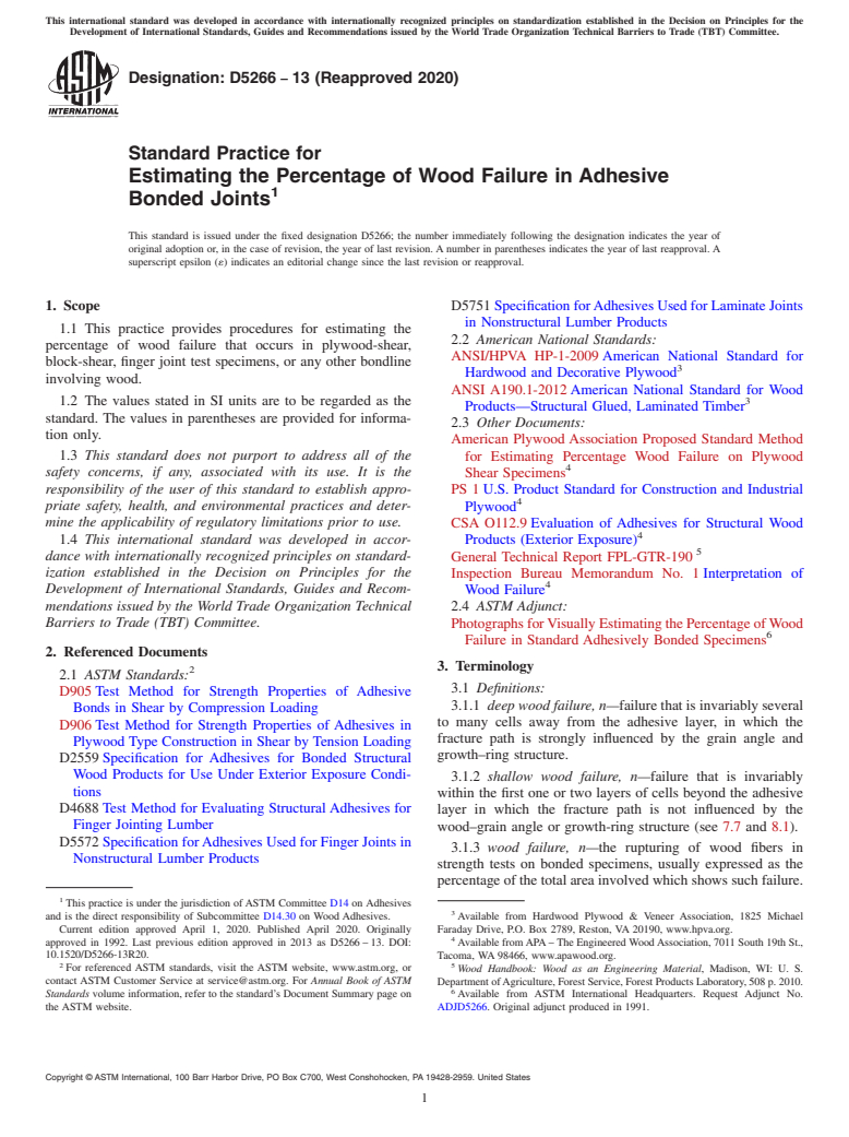 ASTM D5266-13(2020) - Standard Practice for Estimating the Percentage of Wood Failure in Adhesive Bonded  Joints