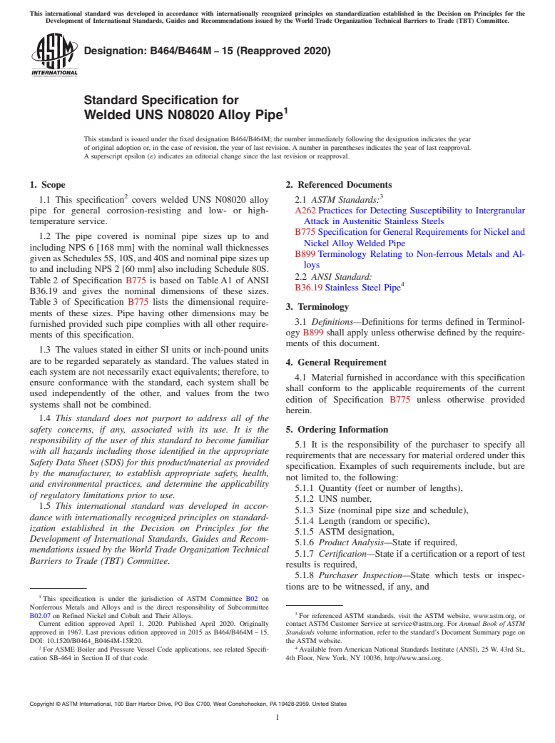 ASTM B464/B464M-15(2020) - Standard Specification for Welded UNS N08020 Alloy Pipe
