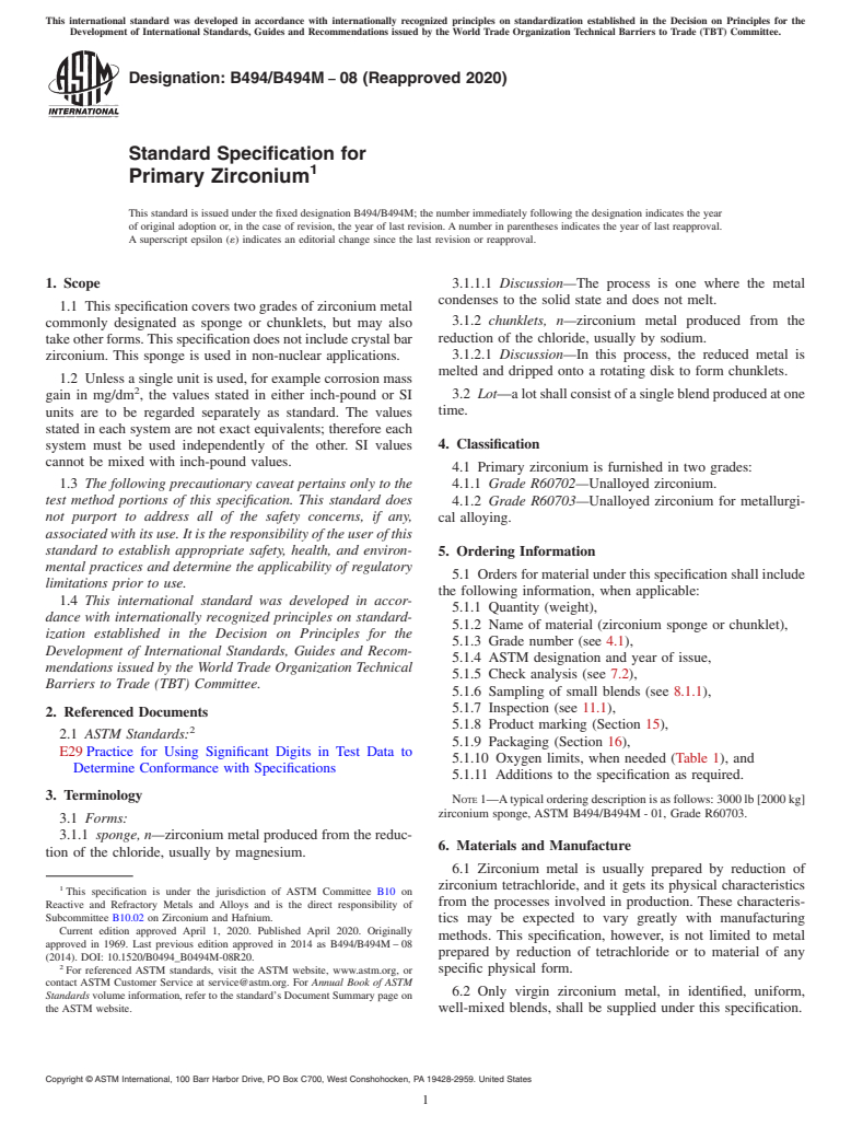 ASTM B494/B494M-08(2020) - Standard Specification for Primary Zirconium