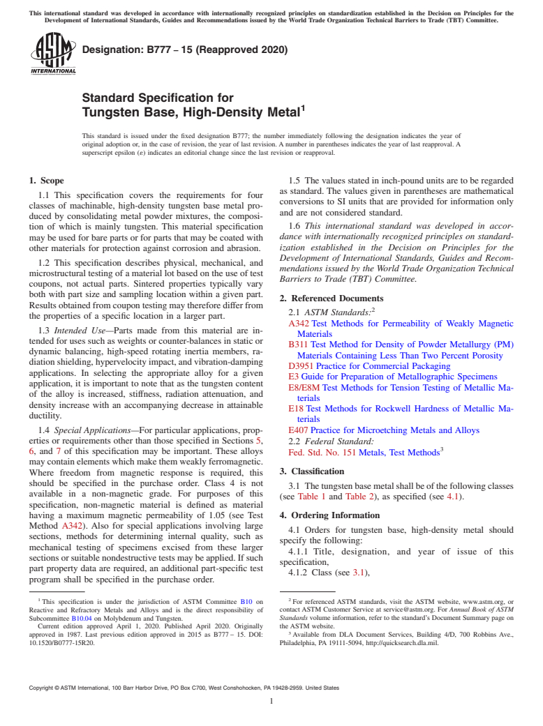 ASTM B777-15(2020) - Standard Specification for Tungsten Base, High-Density Metal