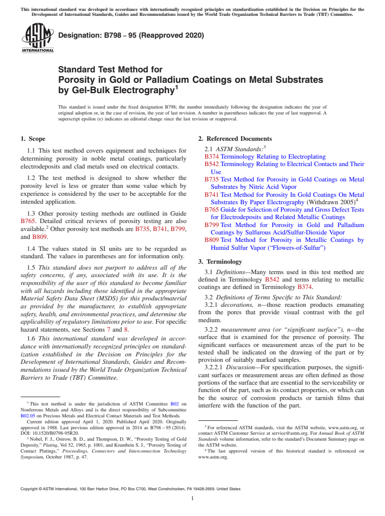 ASTM B798-95(2020) - Standard Test Method for Porosity in Gold or Palladium Coatings on Metal Substrates  by Gel-Bulk Electrography