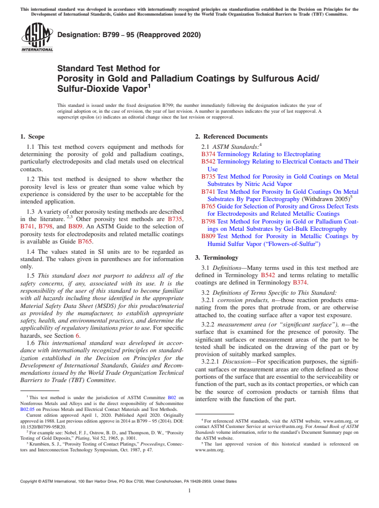 ASTM B799-95(2020) - Standard Test Method for Porosity in Gold and Palladium Coatings by Sulfurous Acid/Sulfur-Dioxide  Vapor