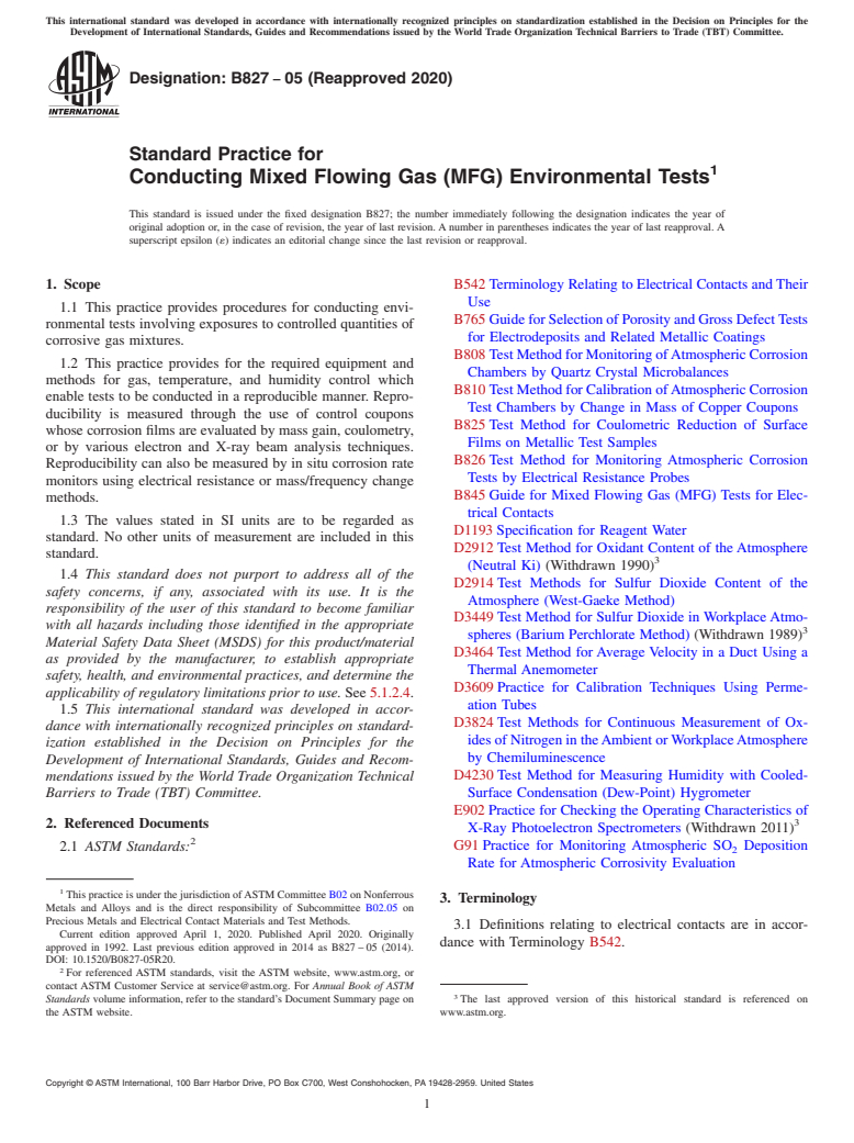 ASTM B827-05(2020) - Standard Practice for Conducting Mixed Flowing Gas (MFG) Environmental Tests