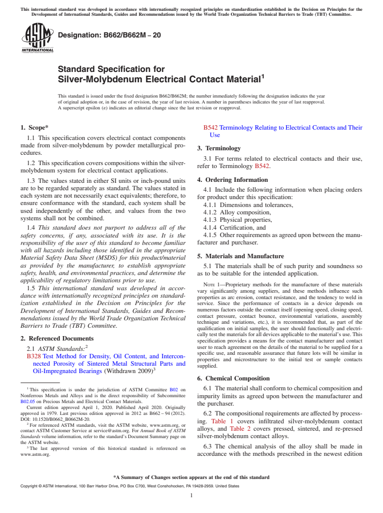 ASTM B662/B662M-20 - Standard Specification for  Silver-Molybdenum Electrical Contact Material