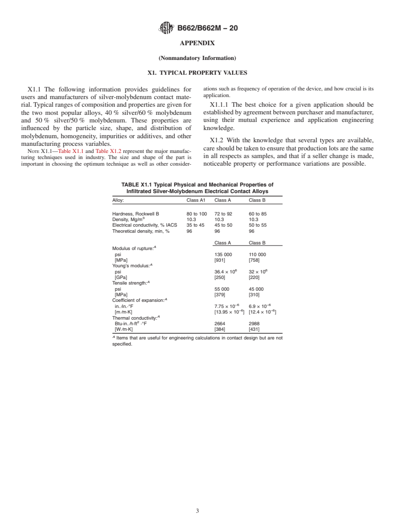 ASTM B662/B662M-20 - Standard Specification for  Silver-Molybdenum Electrical Contact Material