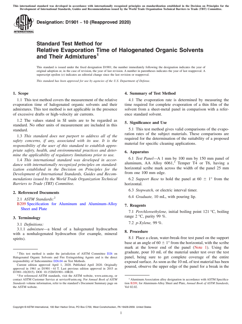 ASTM D1901-10(2020) - Standard Test Method for Relative Evaporation Time of Halogenated Organic Solvents and  Their Admixtures