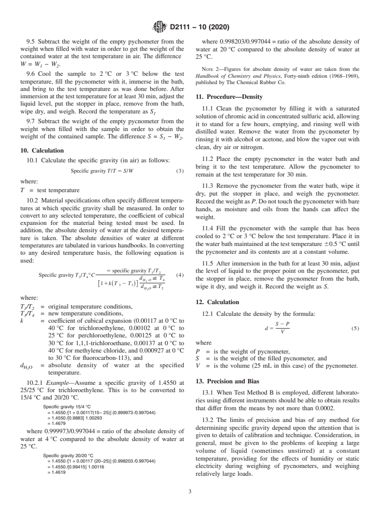 ASTM D2111-10(2020) - Standard Test Methods for Specific Gravity and Density of Halogenated Organic Solvents  and Their Admixtures