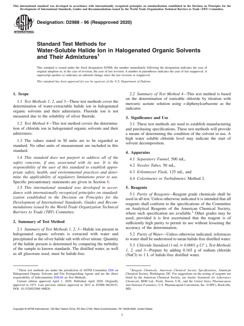 ASTM D2988-96(2020) - Standard Test Methods for Water-Soluble Halide Ion in Halogenated Organic Solvents and  Their Admixtures