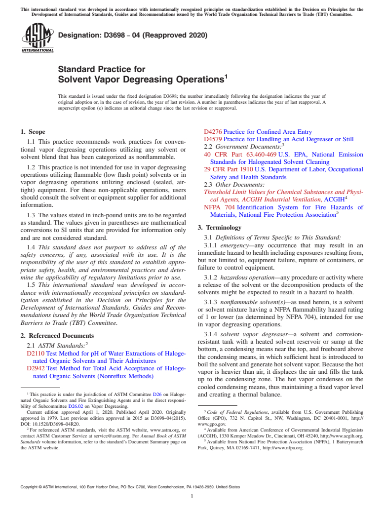 ASTM D3698-04(2020) - Standard Practice for Solvent Vapor Degreasing Operations