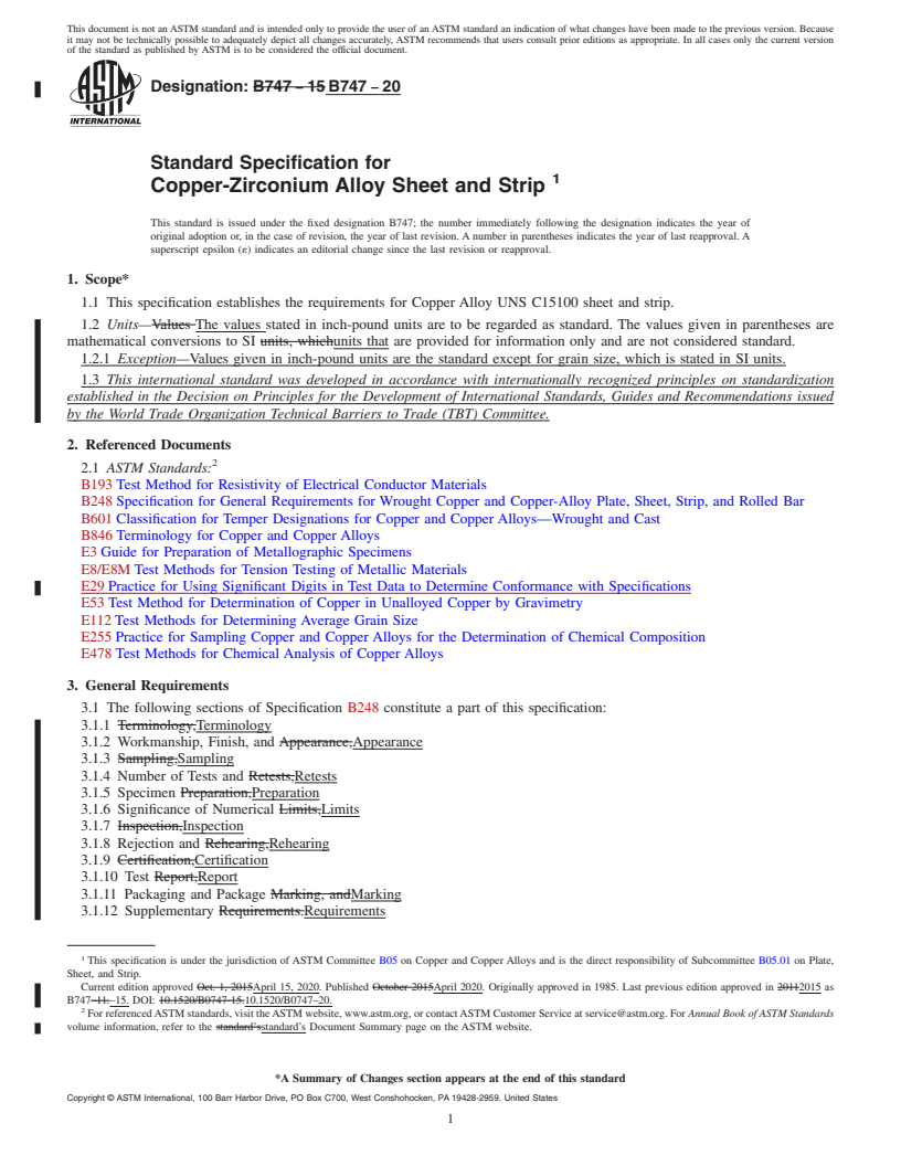 REDLINE ASTM B747-20 - Standard Specification for Copper-Zirconium Alloy Sheet and Strip