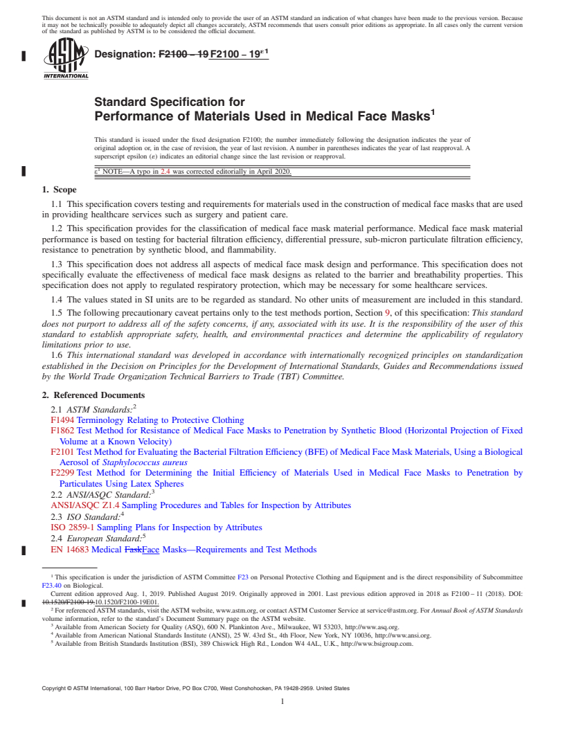 REDLINE ASTM F2100-19e1 - Standard Specification for  Performance of Materials Used in Medical Face Masks