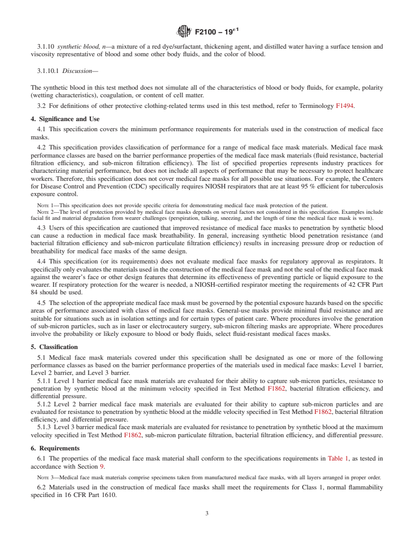 REDLINE ASTM F2100-19e1 - Standard Specification for  Performance of Materials Used in Medical Face Masks