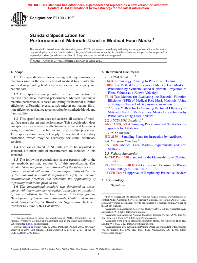 ASTM F2100-19e1 - Standard Specification for  Performance of Materials Used in Medical Face Masks