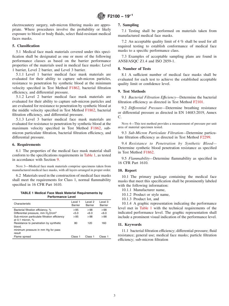 ASTM F2100-19e1 - Standard Specification for  Performance of Materials Used in Medical Face Masks