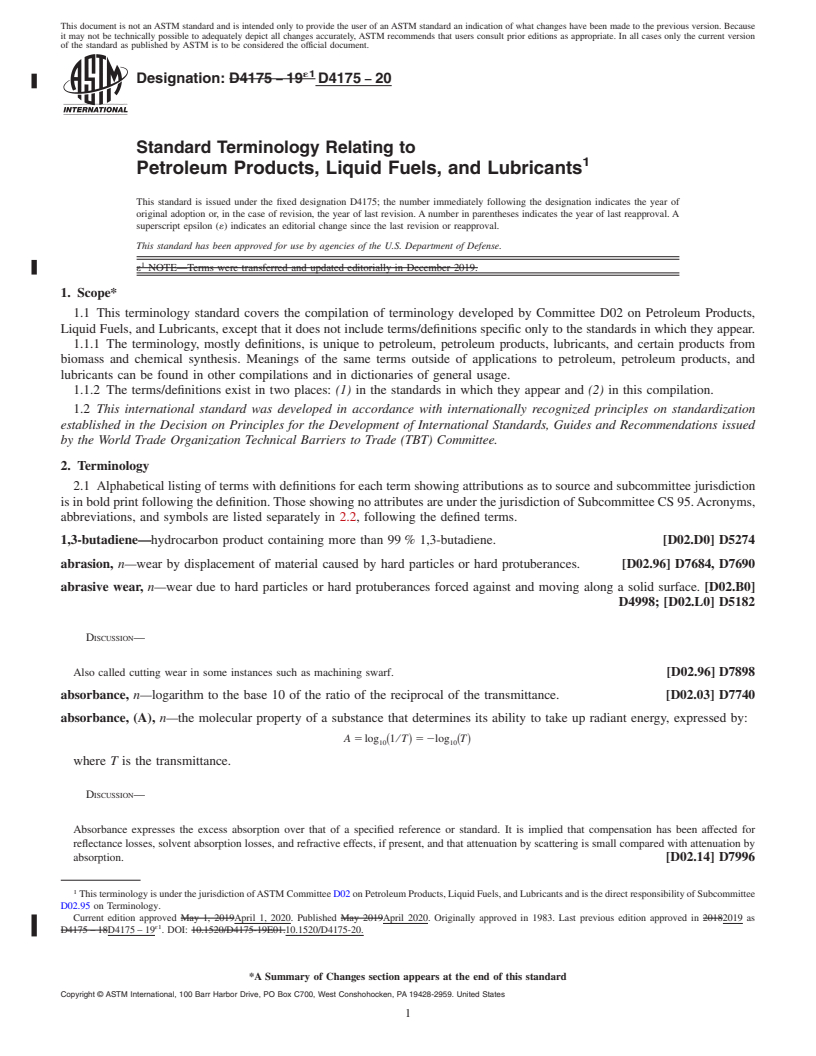 REDLINE ASTM D4175-20 - Standard Terminology Relating to Petroleum Products, Liquid Fuels, and Lubricants