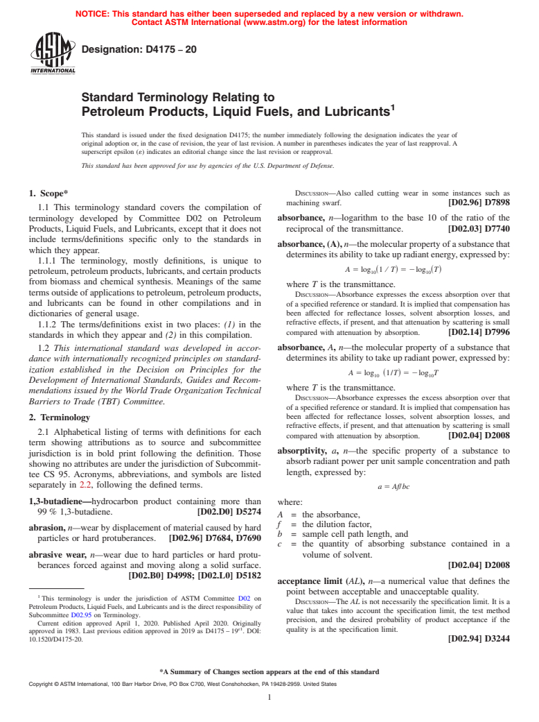 ASTM D4175-20 - Standard Terminology Relating to Petroleum Products, Liquid Fuels, and Lubricants