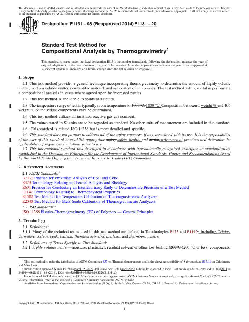 REDLINE ASTM E1131-20 - Standard Test Method for  Compositional Analysis by Thermogravimetry