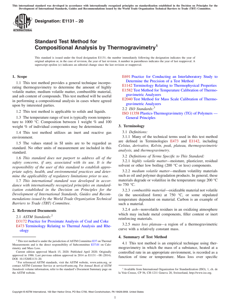 ASTM E1131-20 - Standard Test Method for  Compositional Analysis by Thermogravimetry