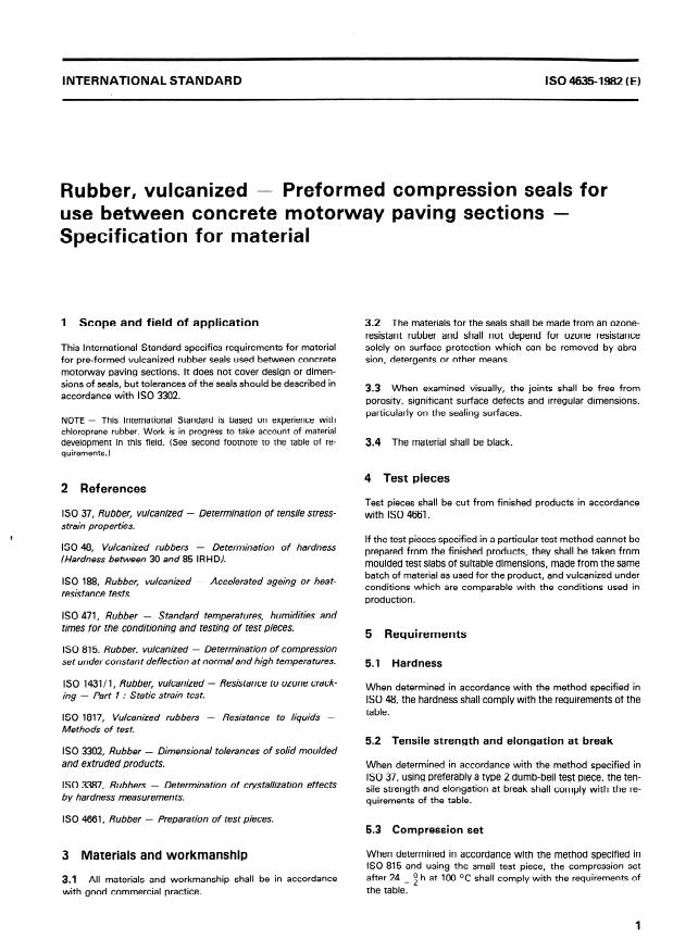 ISO 4635:1982 - Rubber, vulcanized -- Preformed compression seals for use between concrete motorway paving sections -- Specification for material