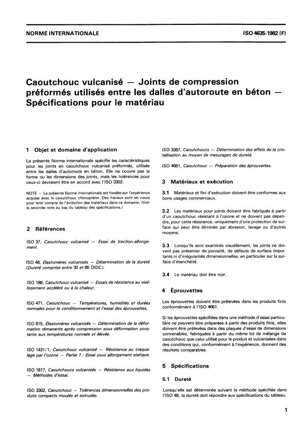 ISO 4635:1982 - Caoutchouc vulcanisé -- Joints de compression préformés utilisés entre les dalles d'autoroute en béton -- Spécifications pour le matériau