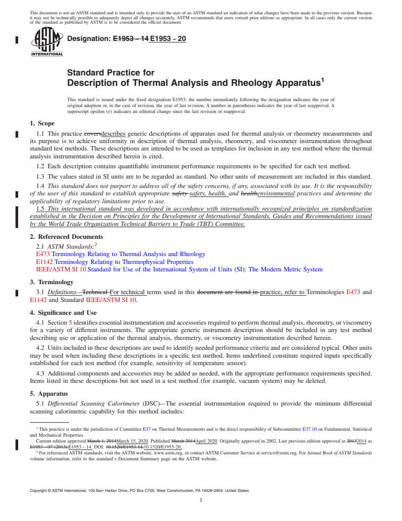 REDLINE ASTM E1953-20 - Standard Practice for  Description of Thermal Analysis and Rheology Apparatus