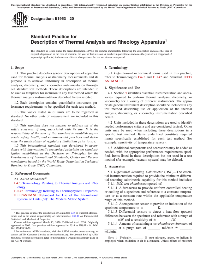 ASTM E1953-20 - Standard Practice for  Description of Thermal Analysis and Rheology Apparatus