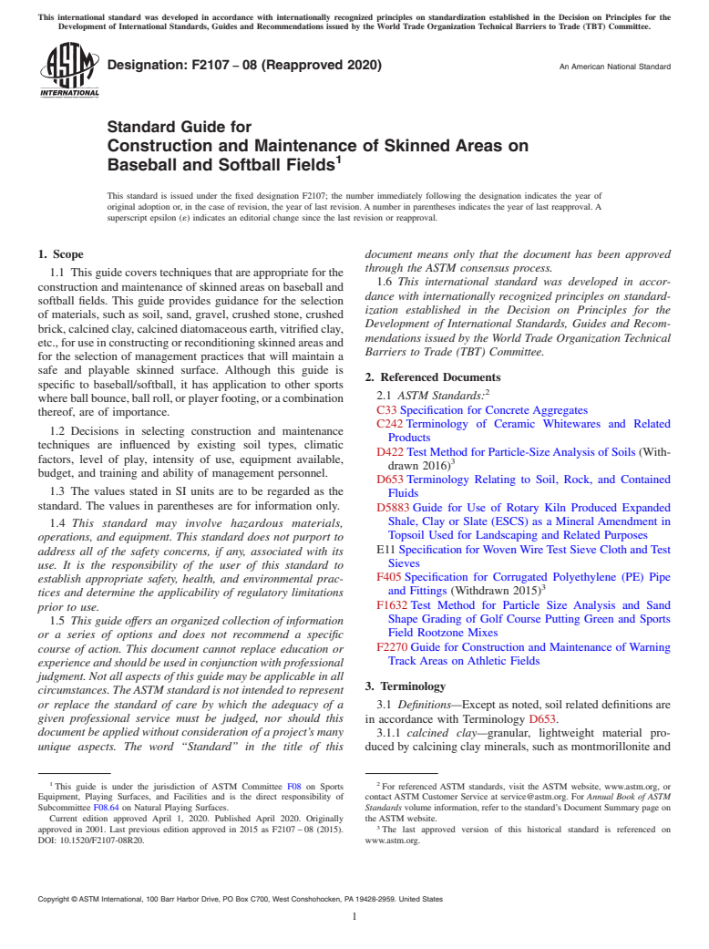 ASTM F2107-08(2020) - Standard Guide for Construction and Maintenance of Skinned Areas on Baseball and  Softball Fields