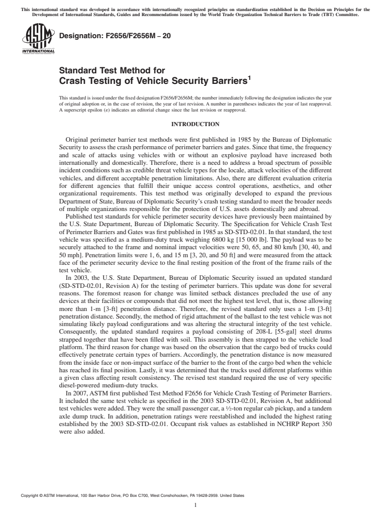 ASTM F2656/F2656M-20 - Standard Test Method for  Crash Testing of Vehicle Security Barriers