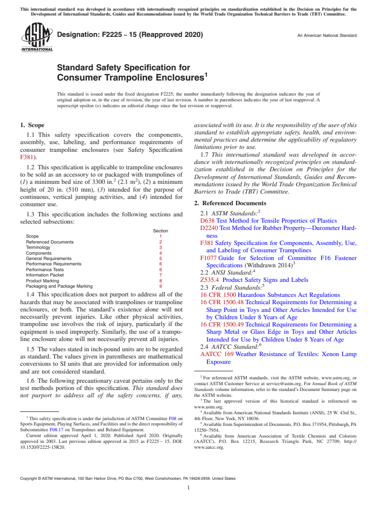 ASTM F2225-15(2020) - Standard Safety Specification for Consumer Trampoline Enclosures