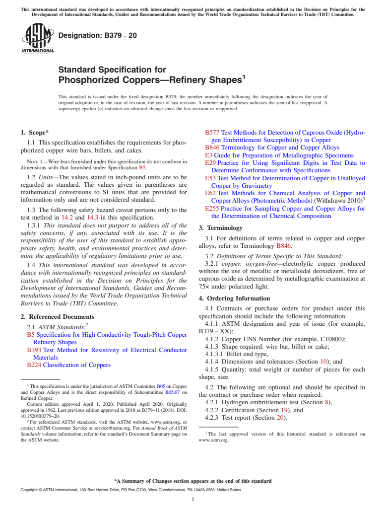 ASTM B379-20 - Standard Specification for Phosphorized Coppers&#x2014;Refinery Shapes
